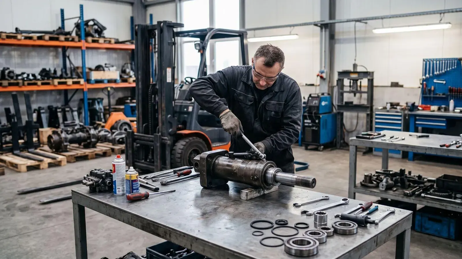 Regeneracja części wózków widłowych – rozłożony podzespół hydrauliczny na stanowisku serwisowym